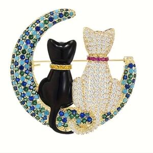 Pavé & Enamel Cat Duo Brooch in Black, White, Blue and Green